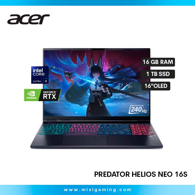 Laptop Acer Predator Helios Neo 16S AI PHN16S-71-91AW - Procesador Intel Core Ultra 9 275HX - Almacenamiento 1TB SSD - Memoria Ram 16GB - Geforce Nvidia RTX 5060 8Gb - 16"OLED (2560x1600) 240Hz